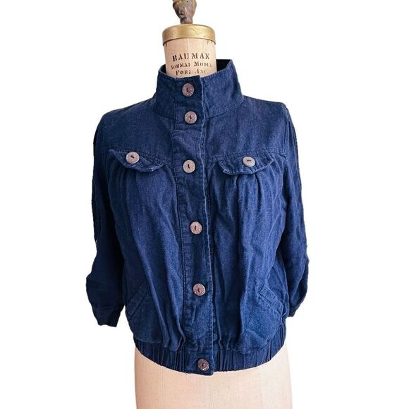 Mine Blue Cotton Linen Blend Cropped 3/4 roll sleeve jacket Size Junior Large - Picture 5 of 12